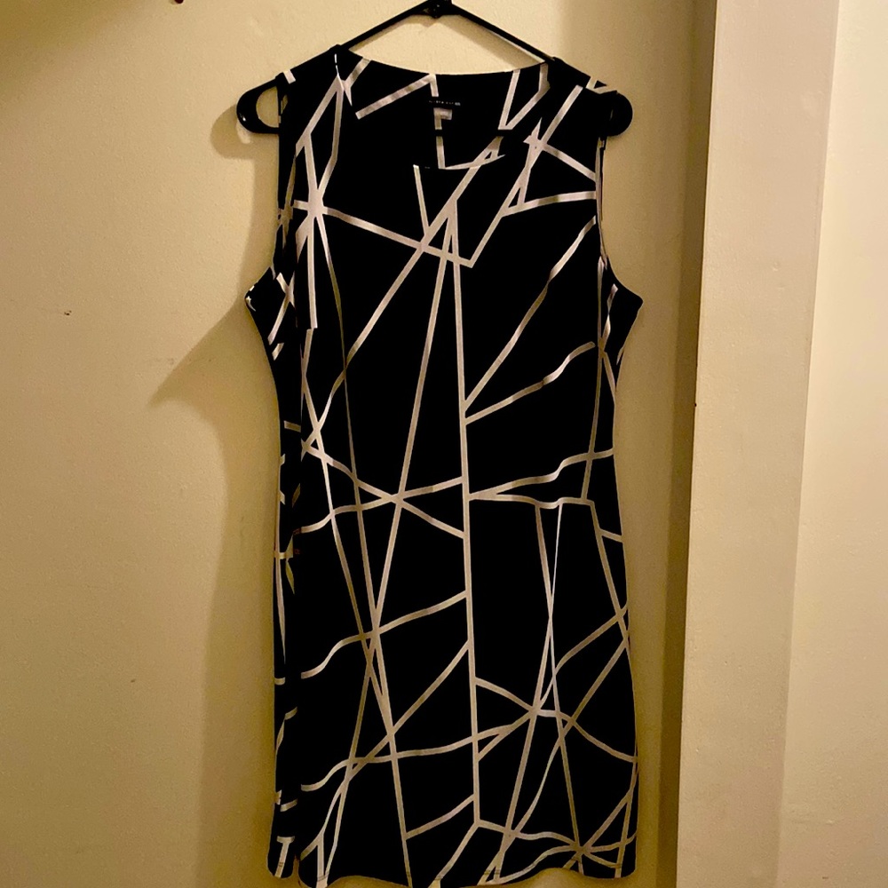 Navy Blue with white knee length sleeveless evening dress, worn once size 12